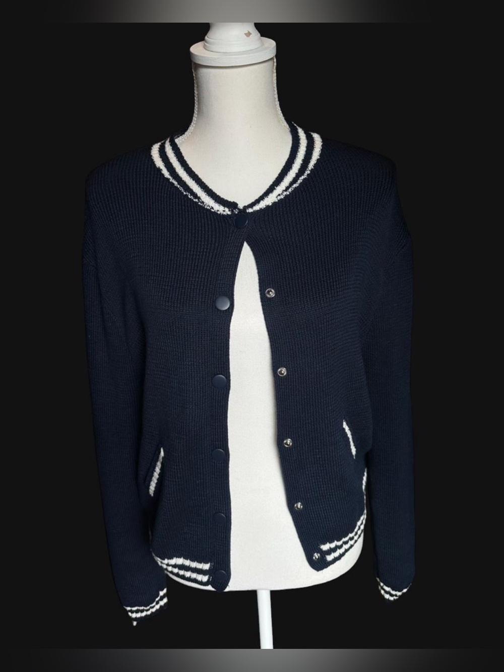 Navy Knit Button Cardigan with White Trim